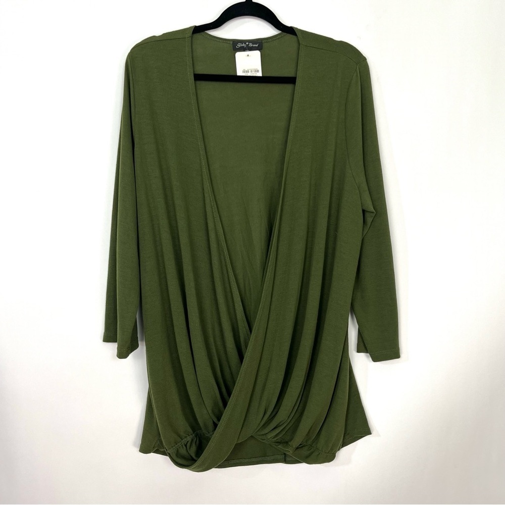 Slinky Brand Olive Army Green Deep Cut V Neck Long Sleeve Sweater Sz Large NWT